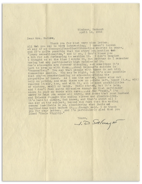 J.D. Salinger Letter Signed From 1953, Commenting on Several of His Stories -- ''...About Seymour's suicide in 'Bananafish'...''
